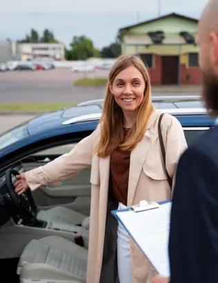 Une élève à la portière de la voiture d'auto-école