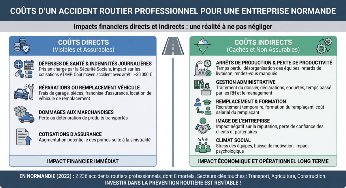 Infographie illustrant les coûts directs et indirects d'un accident routier professionnel pour une entreprise normande