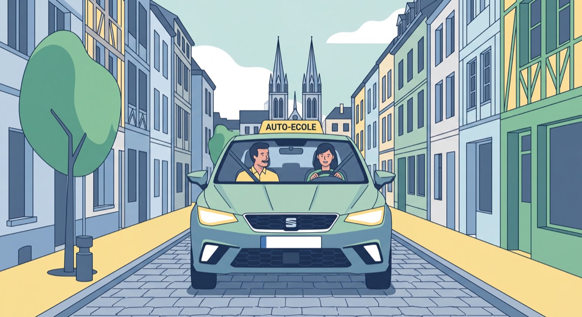 Moniteur de conduite et apprenti conducteur en voiture-école dans les rues de Rouen, leçon de conduite en milieu urbain