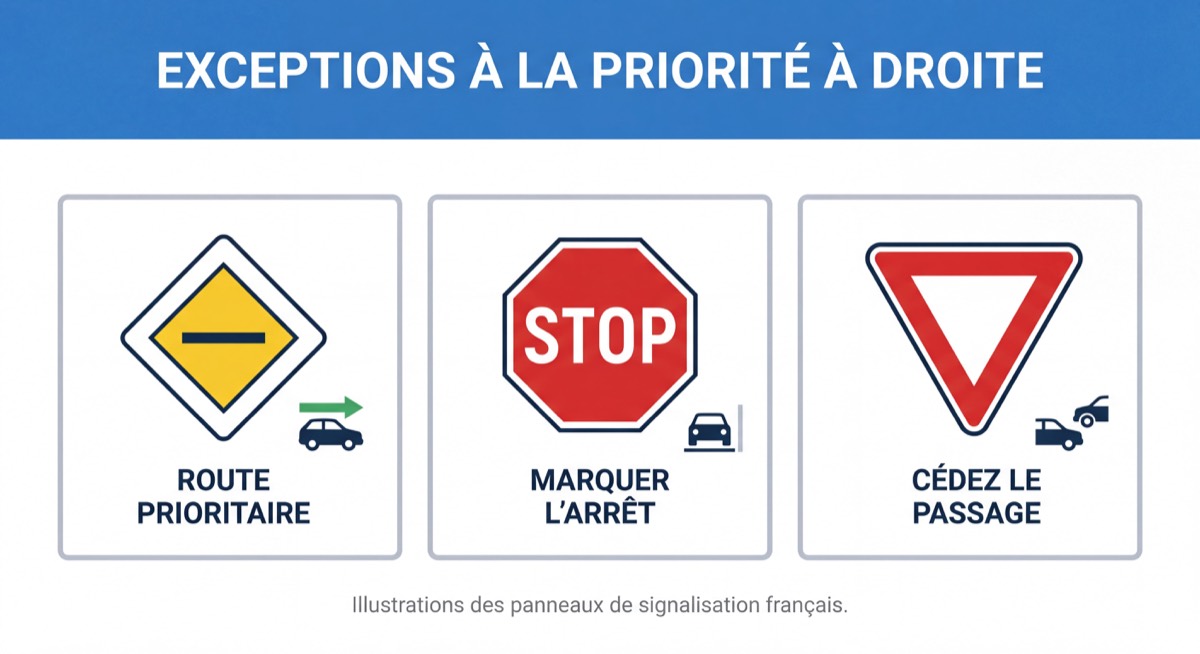 Tableau de panneaux de signalisation français illustrant les exceptions à la priorité à droite : panneau losange jaune, stop, cédez-le-passage