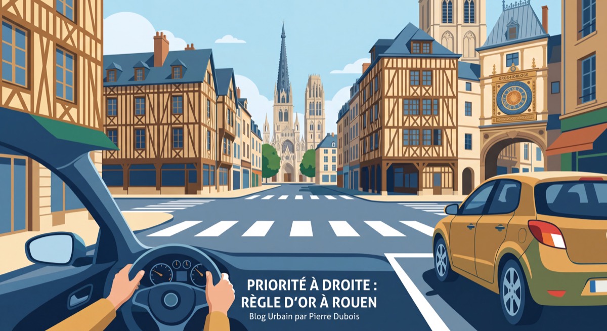 Intersection urbaine sans signalisation à Rouen illustrant la règle de priorité à droite, vue depuis le siège conducteur