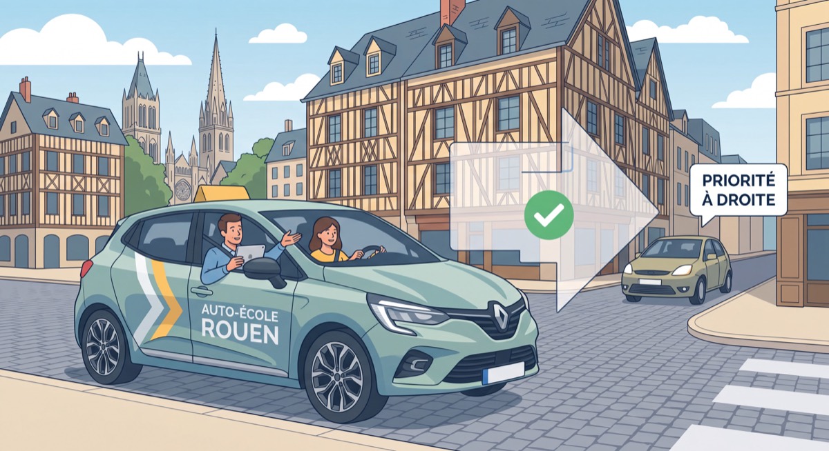 Moniteur de conduite et élève en leçon de conduite dans les rues de Rouen, apprentissage de la priorité à droite en situation réelle