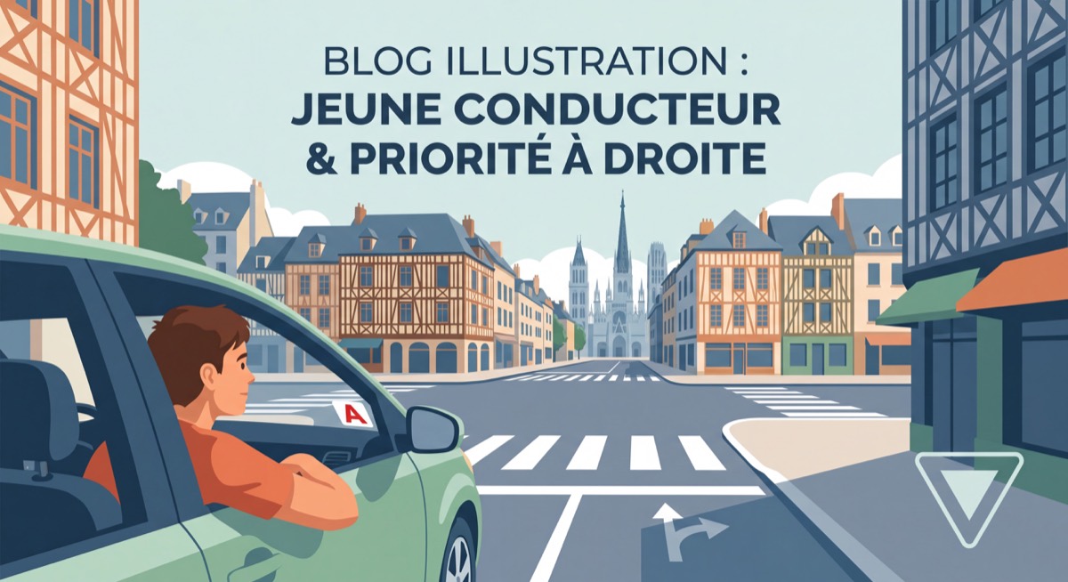 Jeune conducteur apprenti au volant observant une intersection urbaine sans signalisation à Rouen, priorité à droite