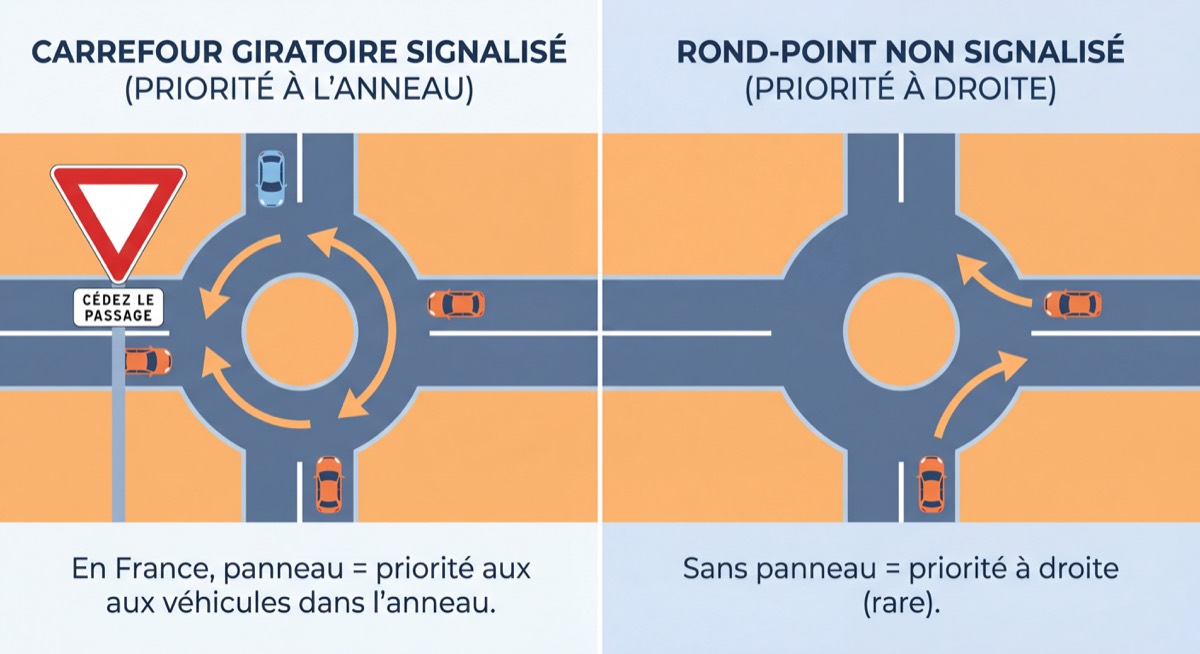 Panneau cédez-le-passage à l'entrée d'un carrefour giratoire signalisé en France, différence avec un rond-point non signalisé