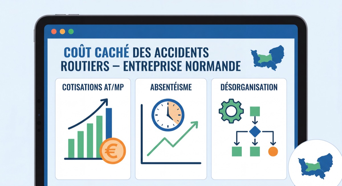 Tableau de bord financier illustrant le coût caché des accidents routiers pour une entreprise normande : cotisations AT/MP, absentéisme, désorganisation