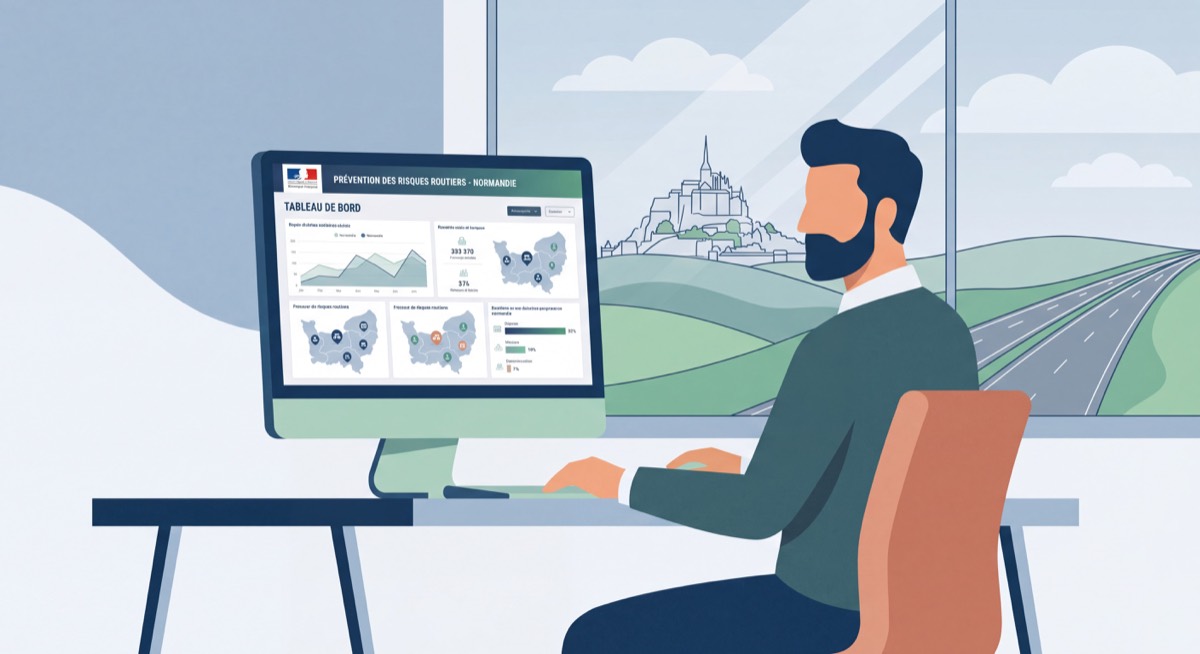 Dirigeant d'entreprise normand consultant un tableau de bord de prévention des risques routiers professionnels en Normandie