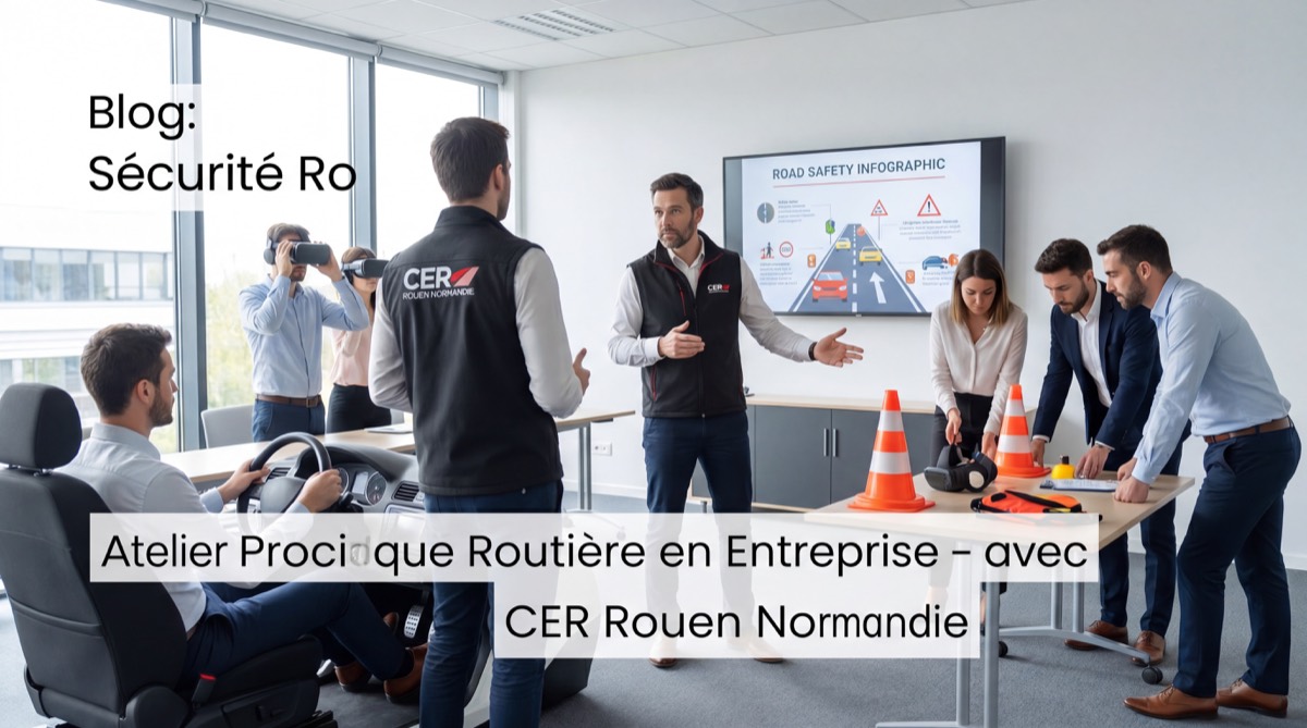 Formateur CER Rouen Normandie animant un atelier de sensibilisation aux risques routiers en entreprise, avec des salariés en situation de formation pratique