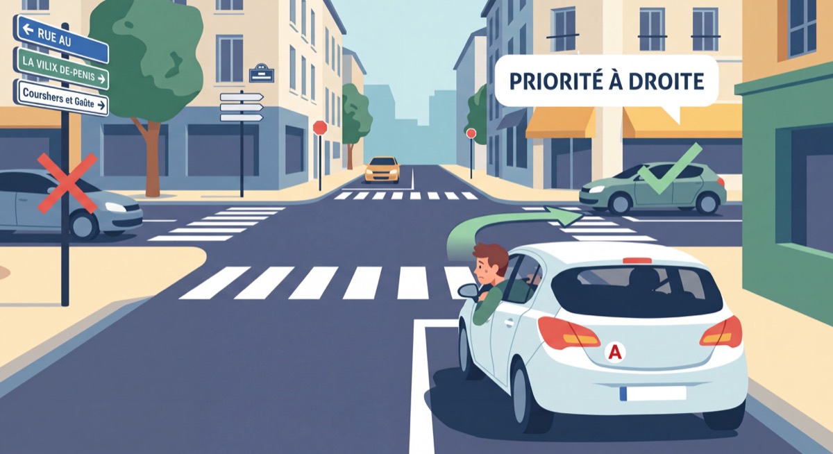 Jeune conducteur apprenti au volant regardant une intersection sans signalisation en ville, illustration de la priorité à droite en France