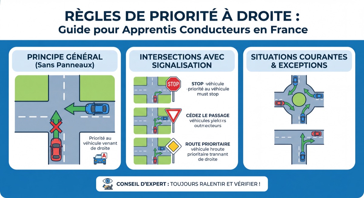 Infographie pédagogique illustrant les règles de priorité à droite en France avec des exemples d'intersections, panneaux et situations courantes pour les apprentis conducteurs