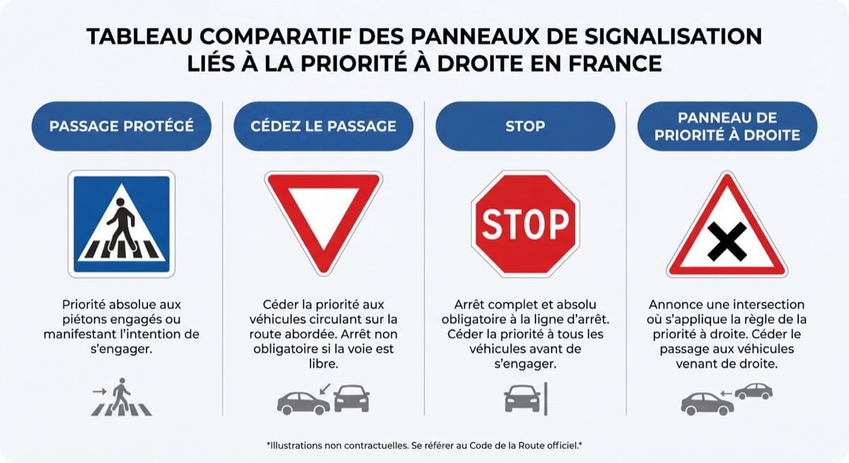 Tableau comparatif des panneaux de signalisation liés à la priorité à droite en France : passage protégé, cédez le passage, stop, panneau de priorité à droite