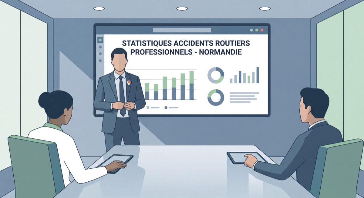 Dirigeant d'entreprise normand analysant des statistiques d'accidents routiers professionnels en salle de réunion