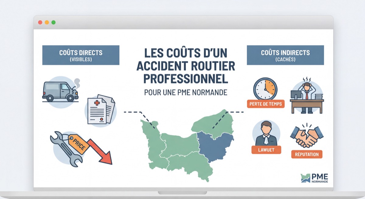 Illustration des coûts directs et indirects d'un accident routier professionnel pour une PME normande