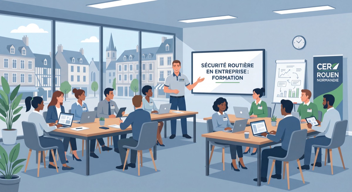 Formateur CER Rouen Normandie animant une session de formation sécurité routière en entreprise avec des salariés normands