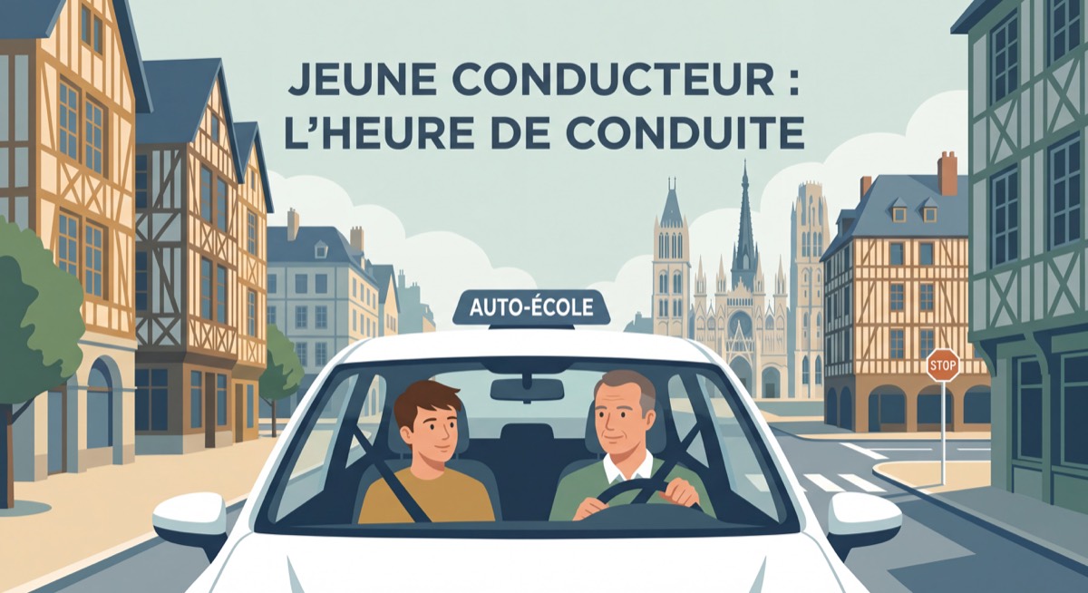 Jeune conducteur apprenti en leçon de conduite dans les rues de Rouen avec son moniteur, approchant d'une intersection non signalisée