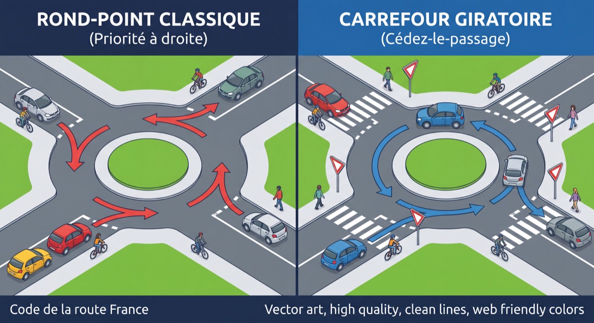 Comparaison visuelle entre un rond-point sans signalisation et un carrefour giratoire signalisé avec panneaux cédez-le-passage, code de la route France