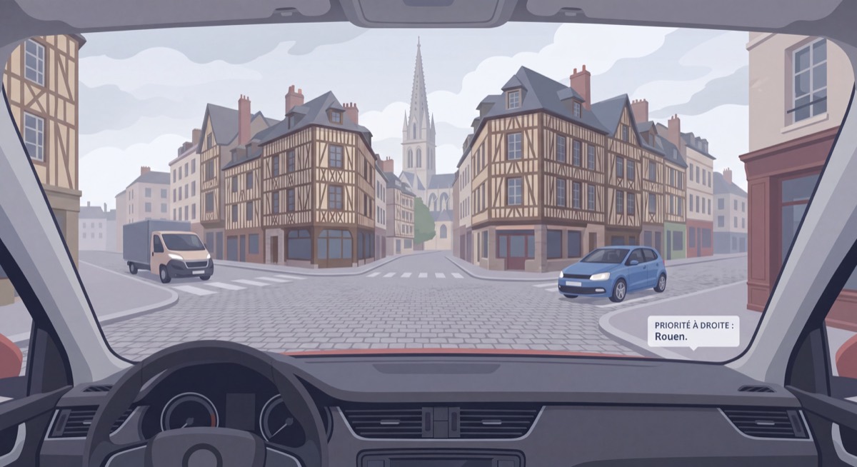 Intersection urbaine sans signalisation à Rouen illustrant la priorité à droite, vue depuis l'habitacle d'une voiture en approche