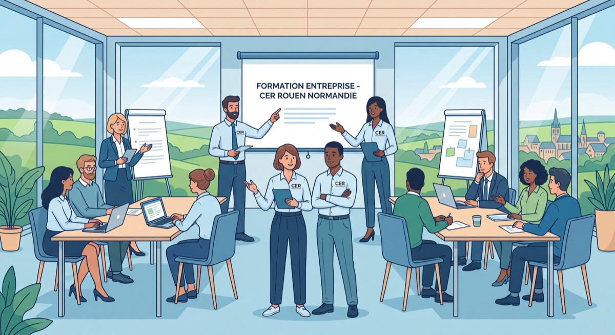 Équipe de formateurs CER Rouen Normandie lors d'une session de formation en entreprise avec des salariés normands