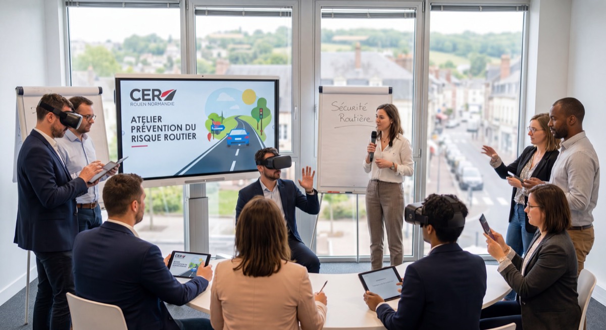 Groupe de salariés d'une entreprise normande participant à un atelier interactif de prévention du risque routier animé par CER Rouen Normandie
