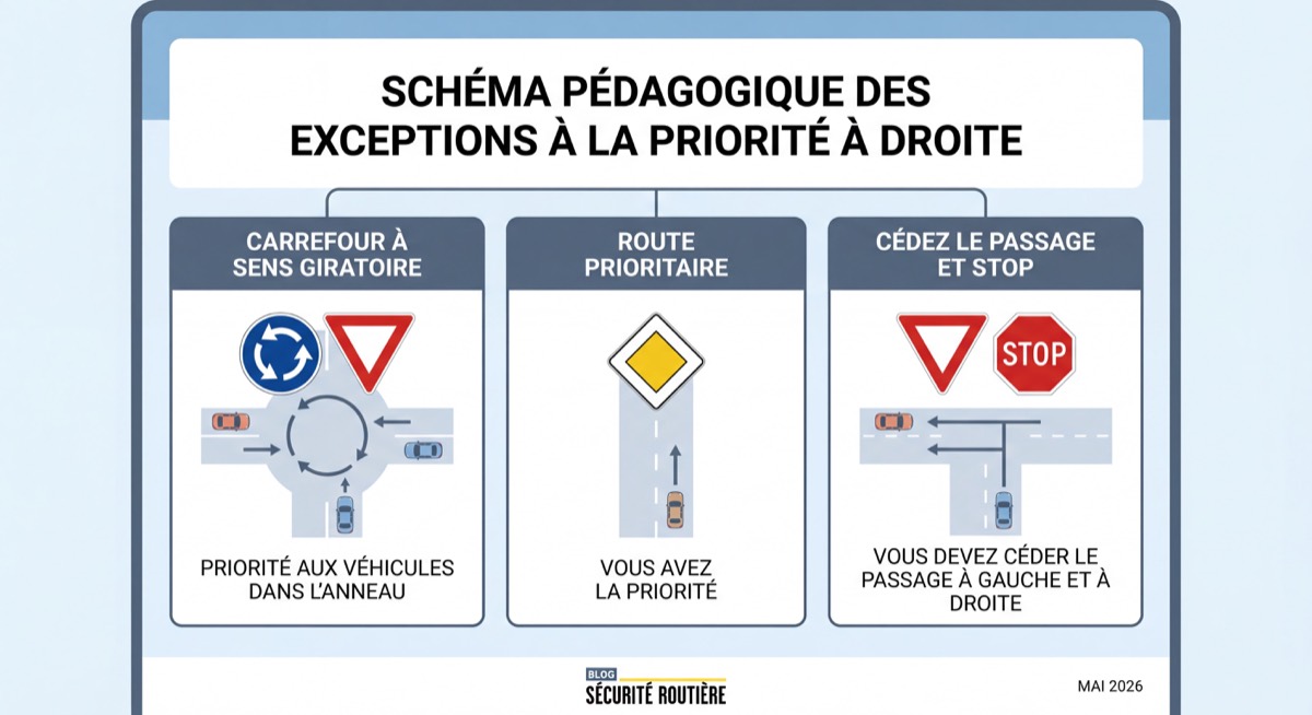Schéma pédagogique des exceptions à la priorité à droite avec panneaux de signalisation français