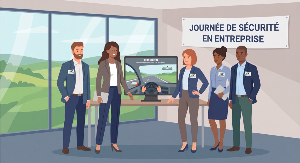 Équipe de salariés normands participant à une journée de prévention routière organisée par CER Rouen Normandie dans les locaux d'une entreprise