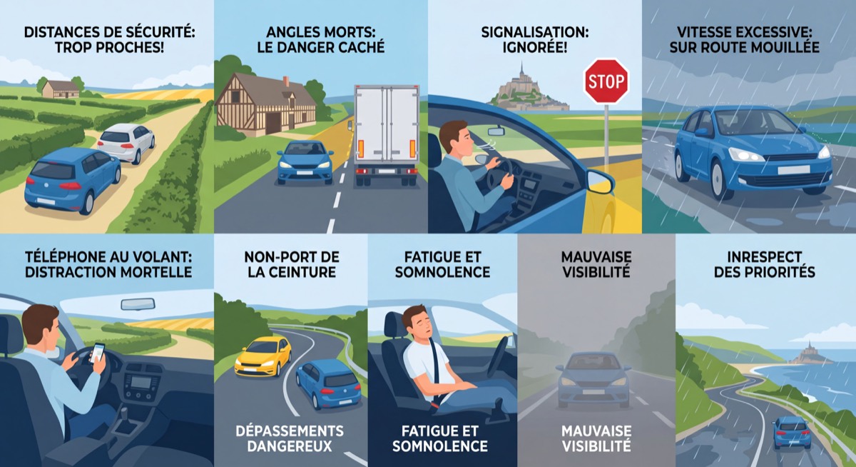 Illustration pédagogique des 10 comportements dangereux au volant — distances de sécurité, angles morts, signalisation — dans un contexte de conduite en Normandie